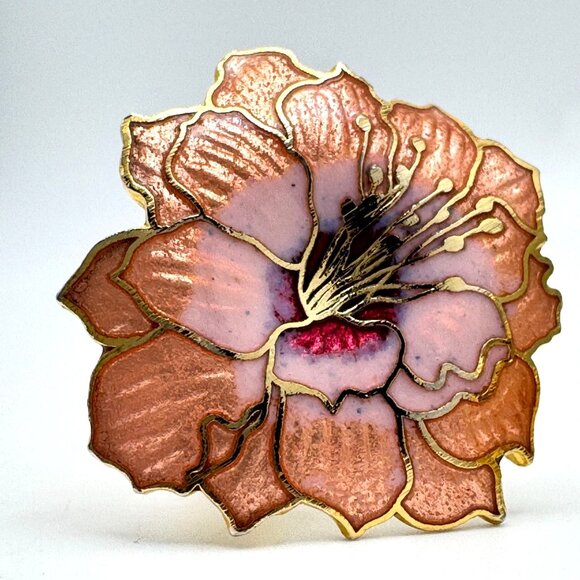 1980s Vintage Gold Tone Cloisonne Flower Clip-On Earrings Pink Mauve Enamel - Picture 6 of 7